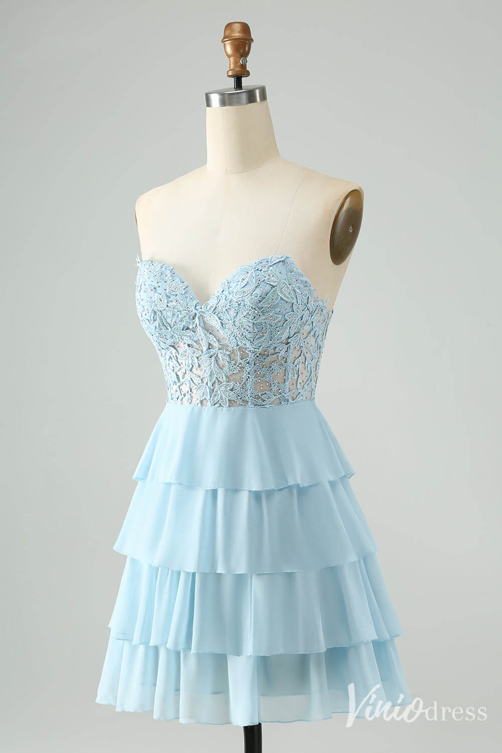 Dusty Blue Sweetheart Ruffled Homecoming Dresses Lace Applique Back to School Dress S24054-prom dresses-Viniodress-Viniodress