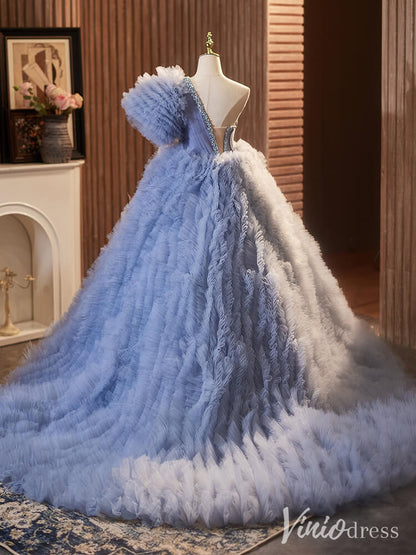 Dusty Blue Tiered Ruffled Quinceanera Dress One Shoulder Prom Ball Gown AD1302-Quinceanera Dresses 2025 -Viniodress-Dusty Blue-Custom Size-