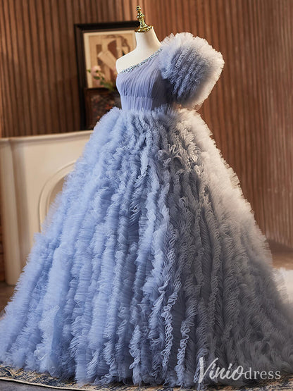 Dusty Blue Tiered Ruffled Quinceanera Dress One Shoulder Prom Ball Gown AD1302-Quinceanera Dresses 2025 -Viniodress-Dusty Blue-Custom Size-