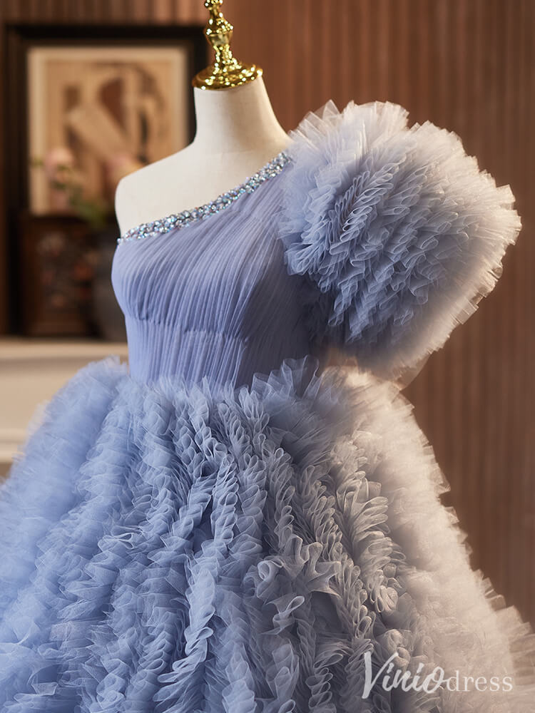 Dusty Blue Tiered Ruffled Quinceanera Dress One Shoulder Prom Ball Gown AD1302-Quinceanera Dresses 2025 -Viniodress-Dusty Blue-Custom Size-