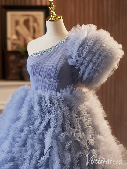 Dusty Blue Tiered Ruffled Quinceanera Dress One Shoulder Prom Ball Gown AD1302-Quinceanera Dresses 2025 -Viniodress-Dusty Blue-Custom Size-