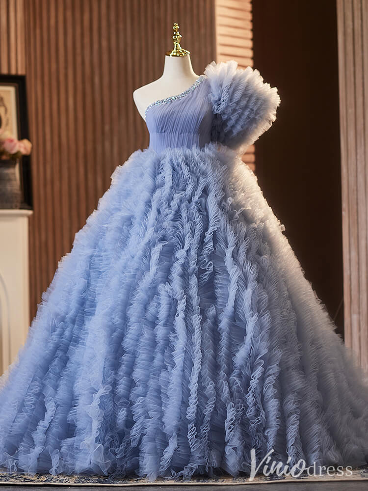 Dusty Blue Tiered Ruffled Quinceanera Dress One Shoulder Prom Ball Gown AD1302-Quinceanera Dresses 2025 -Viniodress-Dusty Blue-Custom Size-