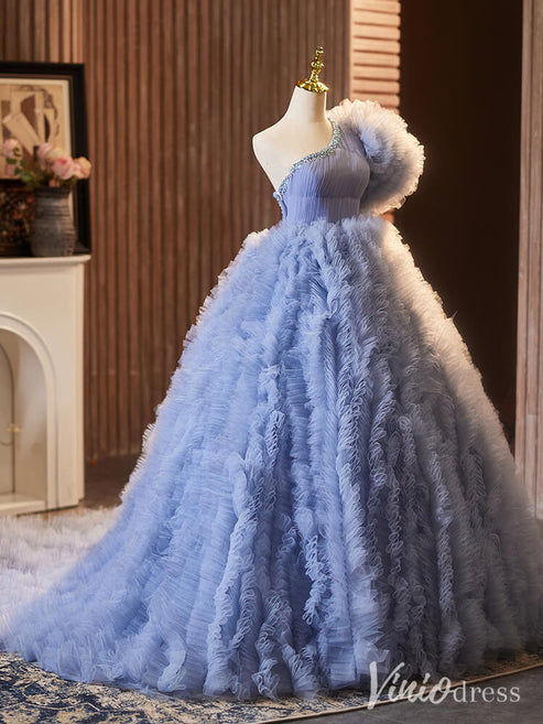 Dusty Blue Tiered Ruffled Quinceanera Dress One Shoulder Prom Ball Gow
