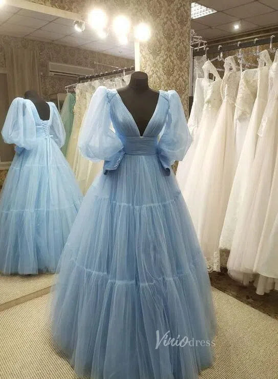 Dusty Blue Tulle Long Prom Dress with Long Bishop Sleeves FD1243-prom dresses-Viniodress-Dusty Blue-Custom Size-Viniodress