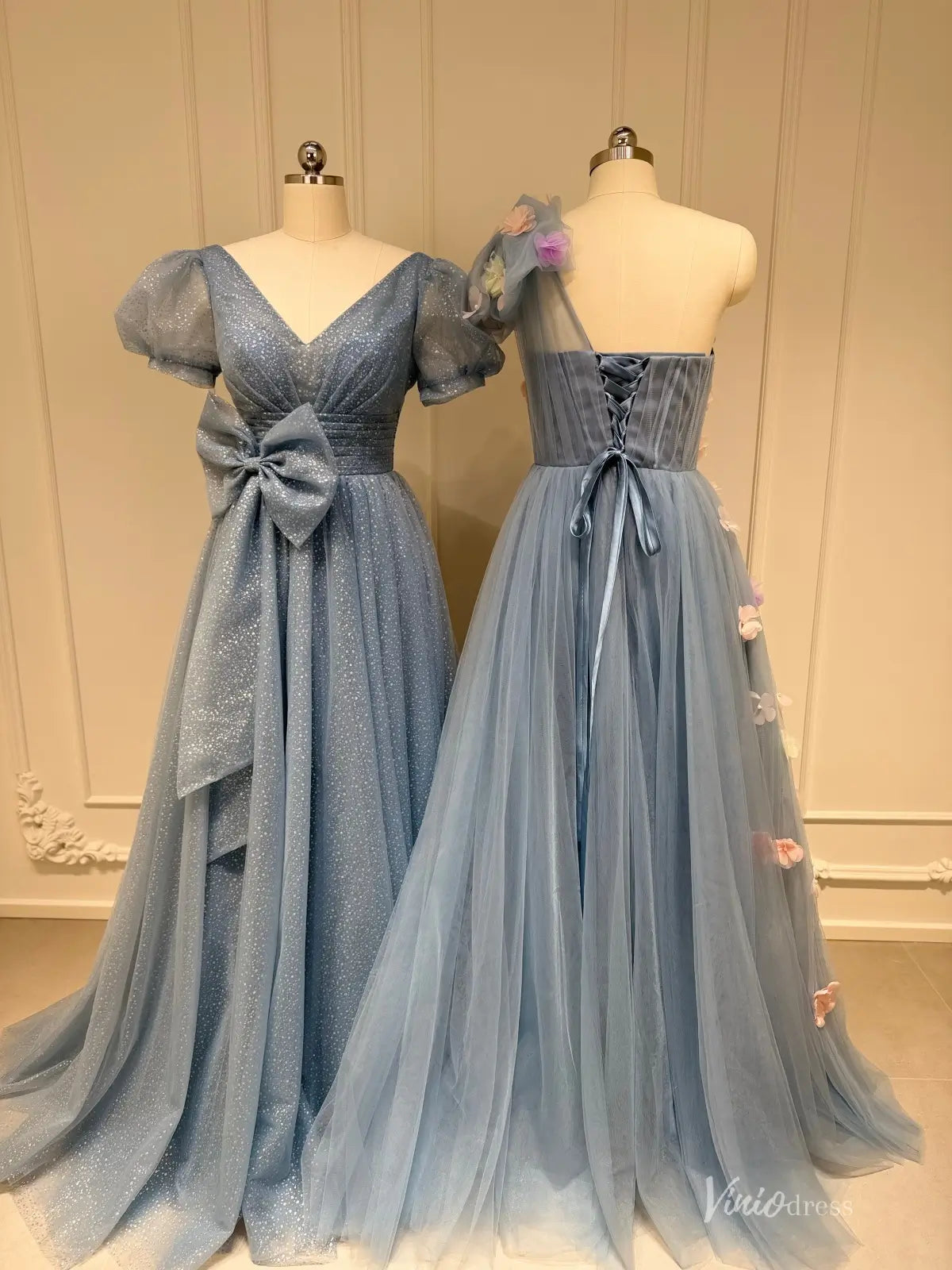 Dusty Blue Tulle Prom Dress with Pink Flowers & Pockets | A-Line Evening Gown FD1530-prom dresses 2026-Viniodress-Dusty Blue-A-Custom Size – Add Measurements in Cart