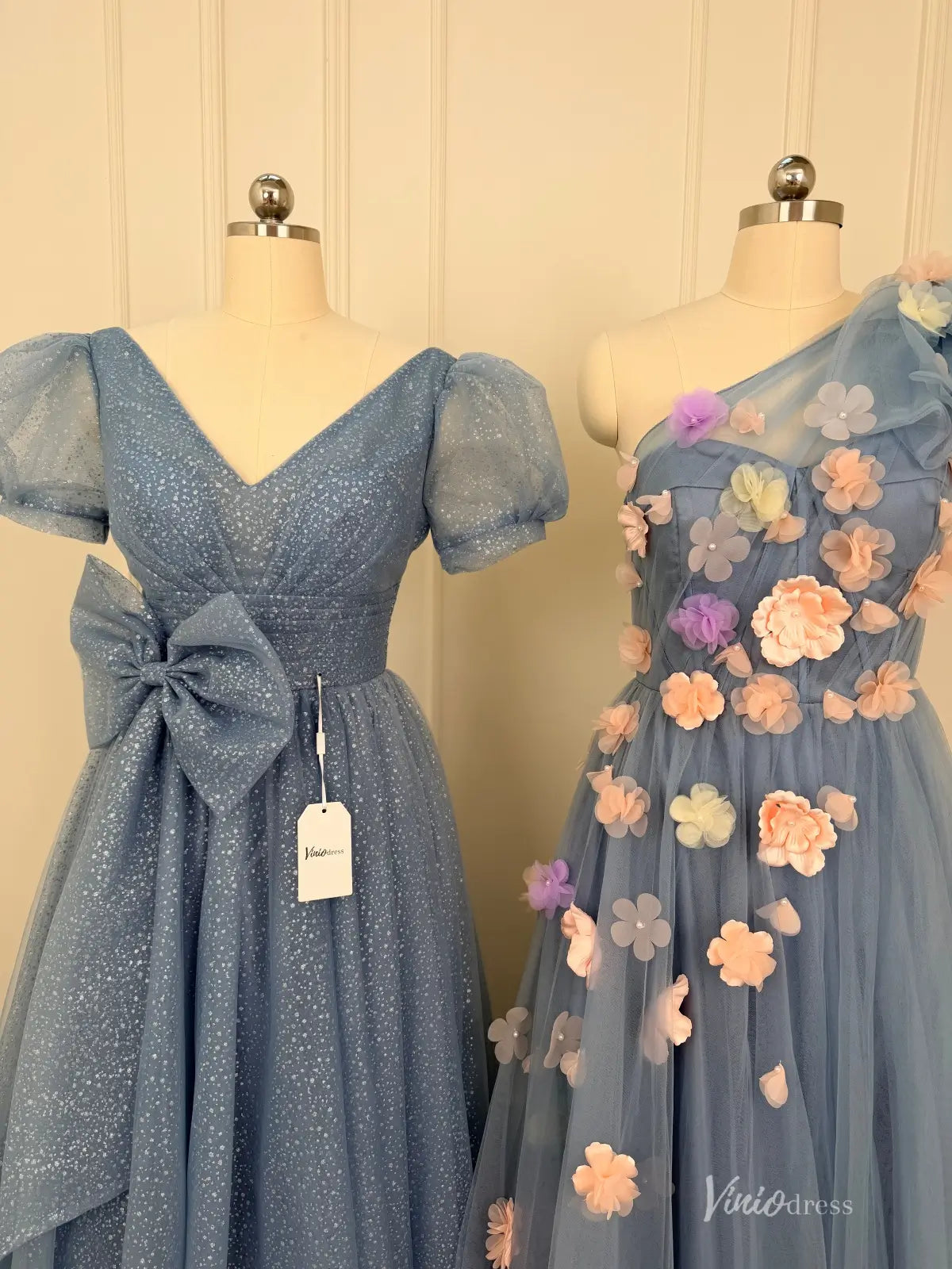 Dusty Blue Tulle Prom Dress with Pink Flowers & Pockets | A-Line Evening Gown FD1530-prom dresses 2026-Viniodress-Dusty Blue-A-Custom Size – Add Measurements in Cart