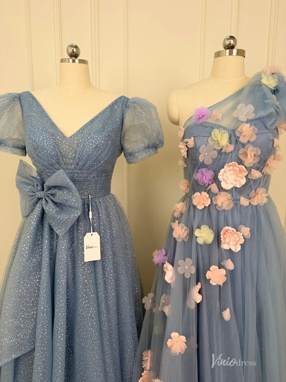 Dusty Blue Tulle Prom Dress with Pink Flowers & Pockets | A-Line Evening Gown FD1530-prom dresses 2026-Viniodress-Dusty Blue-A-Custom Size – Add Measurements in Cart