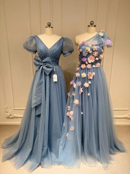 Dusty Blue Tulle Prom Dress with Pink Flowers & Pockets | A-Line Evening Gown FD1530-prom dresses 2026-Viniodress-Dusty Blue-A-Custom Size – Add Measurements in Cart