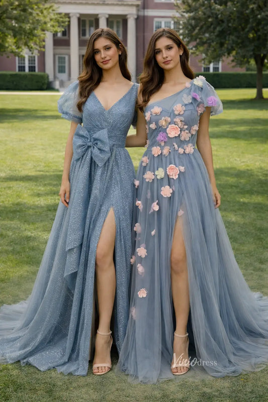 Dusty Blue Tulle Prom Dress with Pink Flowers & Pockets | A-Line Evening Gown FD1530-prom dresses 2026-Viniodress-Dusty Blue-A-Custom Size – Add Measurements in Cart