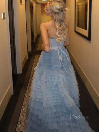 Dusty Blue Tulle Prom Dresses 2025 Ruffled Strapless Formal Gown FD3731-prom dresses 2025 -Viniodress-Blue-Custom Size-