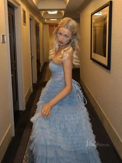 Dusty Blue Tulle Prom Dresses 2025 Ruffled Strapless Formal Gown FD3731-prom dresses 2025 -Viniodress-Blue-Custom Size-