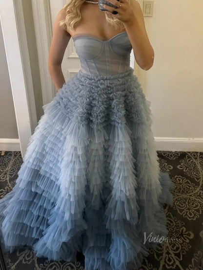 Dusty Blue Tulle Prom Dresses 2025 Ruffled Strapless Formal Gown FD3731-prom dresses 2025 -Viniodress-Blue-Custom Size-