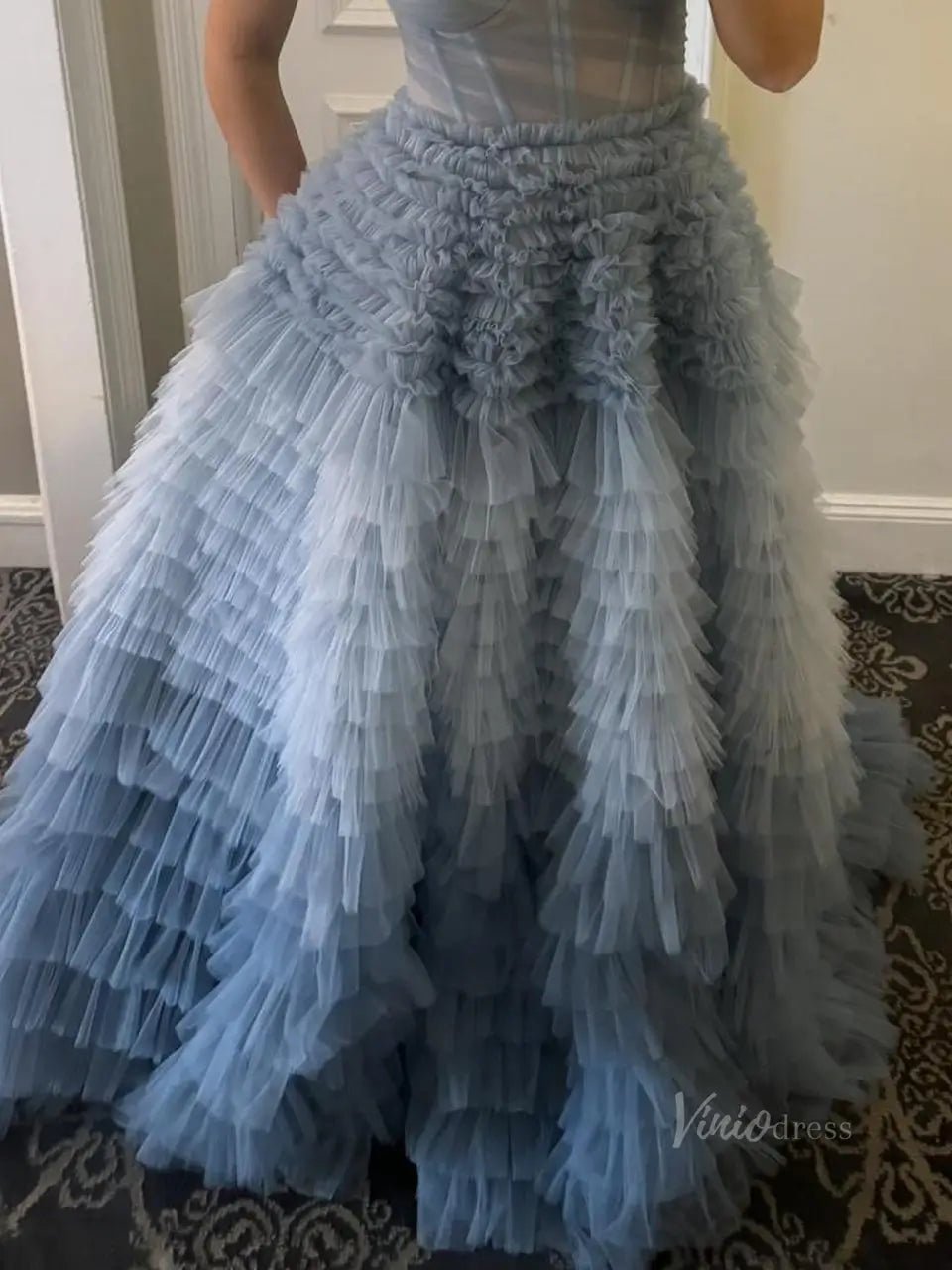 Dusty Blue Tulle Prom Dresses 2025 Ruffled Strapless Formal Gown FD3731-prom dresses 2025 -Viniodress-Blue-Custom Size-