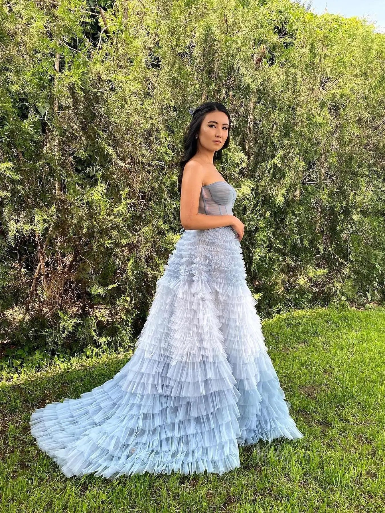 Dusty Blue Tulle Prom Dresses 2025 Ruffled Strapless Formal Gown FD3731-prom dresses 2025 -Viniodress-Blue-Custom Size-
