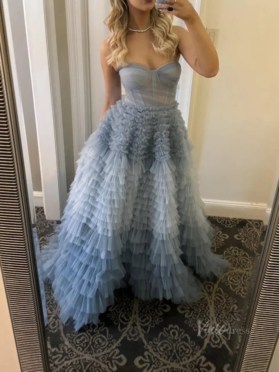 Dusty Blue Tulle Prom Dresses 2025 Ruffled Strapless Formal Gown FD3731-prom dresses 2025 -Viniodress-Blue-Custom Size-