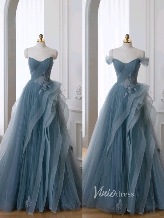 Dusty Blue Tulle Prom Dresses Off the Shoulder Removable Sleeve Evening Dress FD3216-prom dresses 2025 -Viniodress-Dusty Blue-Custom Size-