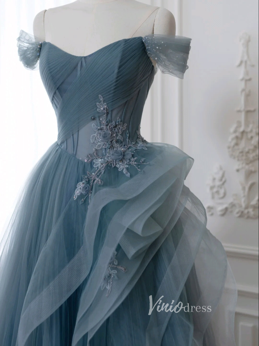 Prom Dress 2025 Dusty Blue Tulle Prom Dresses Off the Shoulder Removable Sleeve Evening Dress FD3216-unique prom dresses-Dusty Blue-Custom Size-Viniodress