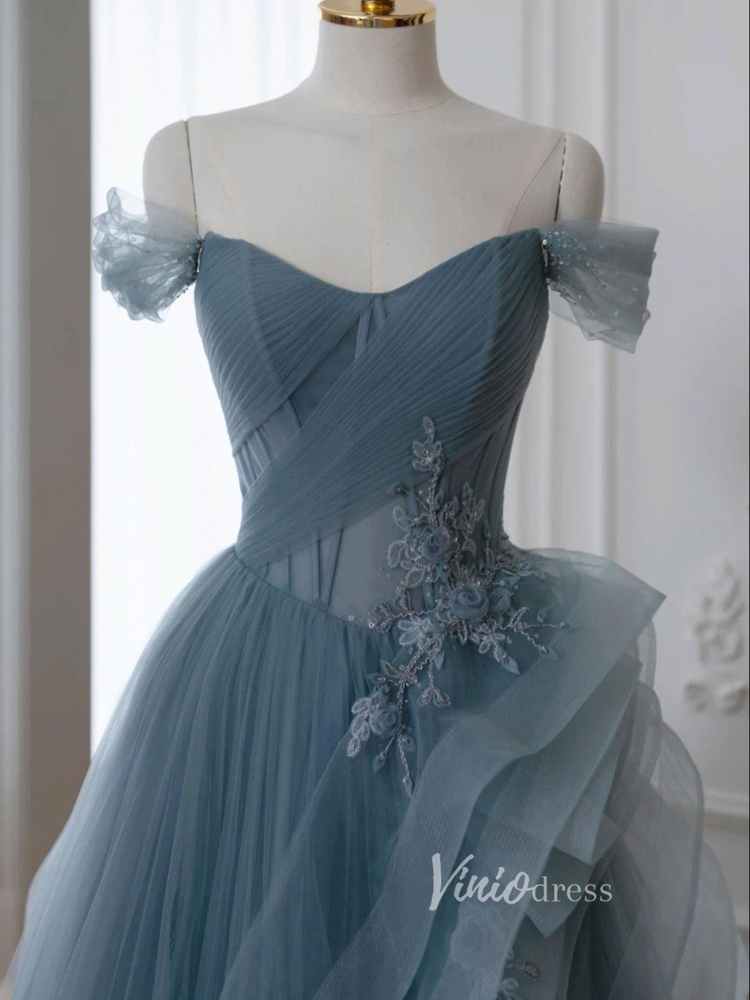 Prom Dress 2025 Dusty Blue Tulle Prom Dresses Off the Shoulder Removable Sleeve Evening Dress FD3216-unique prom dresses-Dusty Blue-Custom Size-Viniodress