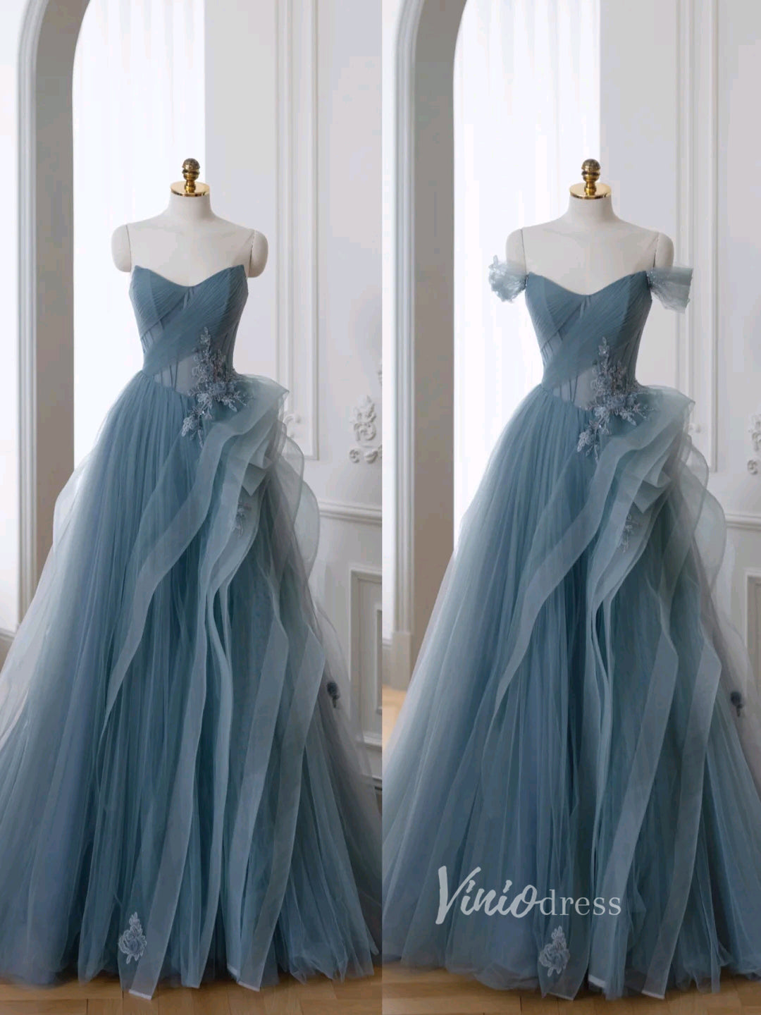 Prom Dress 2025 Dusty Blue Tulle Prom Dresses Off the Shoulder Removable Sleeve Evening Dress FD3216-unique prom dresses-Dusty Blue-Custom Size-Viniodress