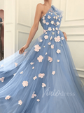 Prom Dress 2025 Dusty Blue Tulle Prom Dresses One Shoulder 3D Flower Ball Gown FD1530-unique prom dresses-Dusty Blue-Custom Size-Viniodress