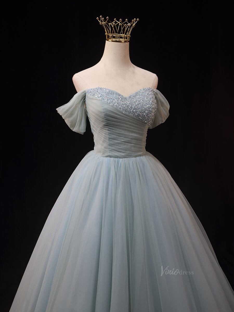 Dusty Blue Tulle Prom Dresses with Beaded Ruched Bodice, Off the Shouler Quince Dresses SU007-prom dresses 2025 -Viniodress-Blue-Custom Size-