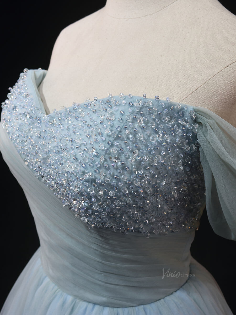 Dusty Blue Tulle Prom Dresses with Beaded Ruched Bodice, Off the Shouler Quince Dresses SU007-prom dresses 2025 -Viniodress-Blue-Custom Size-