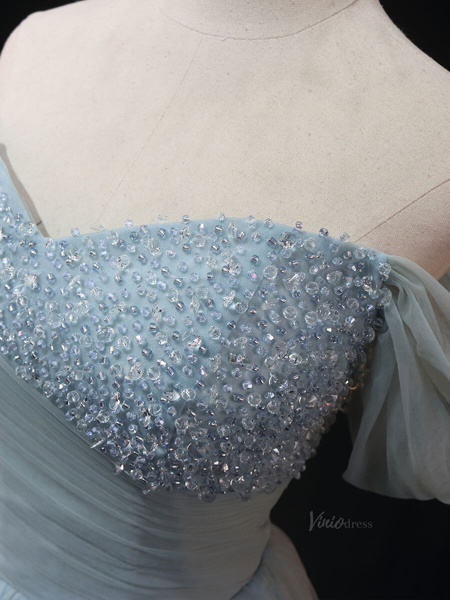 Dusty Blue Tulle Prom Dresses with Beaded Ruched Bodice, Off the Shouler Quince Dresses SU007-prom dresses 2025 -Viniodress-Blue-Custom Size-