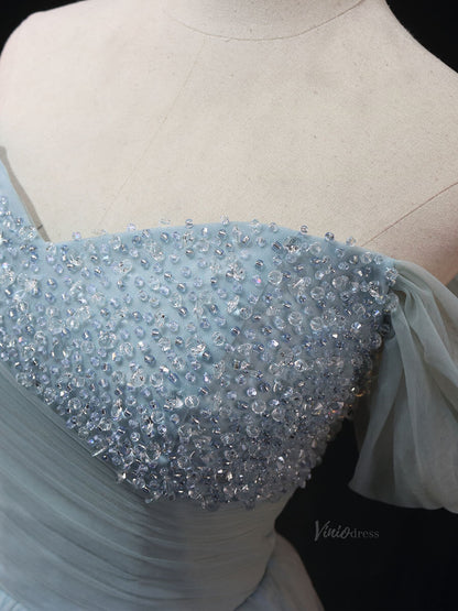 Dusty Blue Tulle Prom Dresses with Beaded Ruched Bodice, Off the Shouler Quince Dresses SU007-prom dresses 2025 -Viniodress-Blue-Custom Size-