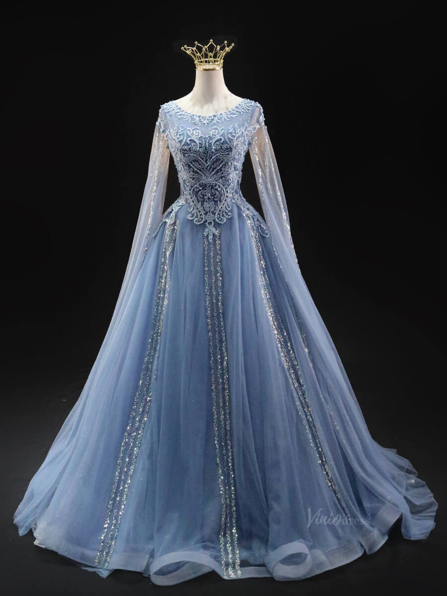 Dusty Blue Tulle Prom Dresses with Extra Long Sleeve, Beaded Lace, Boat Neck, Quinceanera Dresses SU028-prom dresses 2025 -Viniodress-Blue-Custom Size-