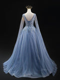 prom dresses 2025 Dusty Blue Tulle Prom Dresses with Extra Long Sleeve, Beaded Lace, Boat Neck, Quinceanera Dresses SU028-plus size wedding dresses Viniodress-Blue-Custom Size-