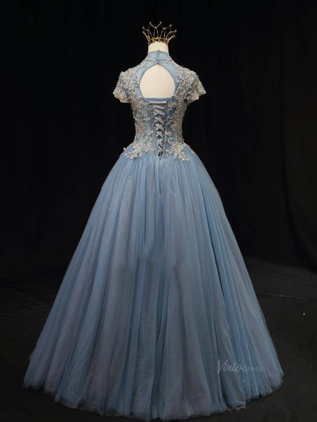 Dusty Blue Tulle Prom Dresses with Lace Bodice, High Neck, Cap Sleeve, Quince Dresses SU013-prom dresses 2025 -Viniodress-Blue-Custom Size-