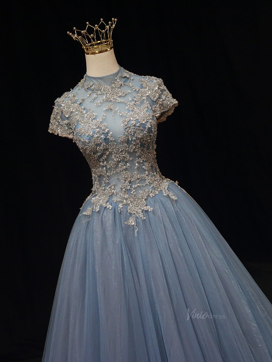 Dusty Blue Tulle Prom Dresses with Lace Bodice, High Neck, Cap Sleeve, Quince Dresses SU013-prom dresses 2025 -Viniodress-Blue-Custom Size-
