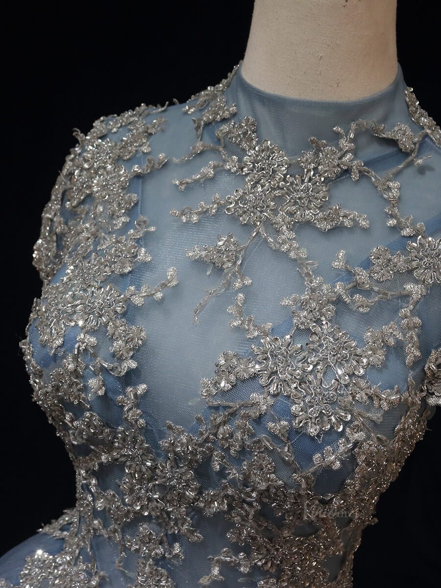 Dusty Blue Tulle Prom Dresses with Lace Bodice, High Neck, Cap Sleeve, Quince Dresses SU013-prom dresses 2025 -Viniodress-Blue-Custom Size-