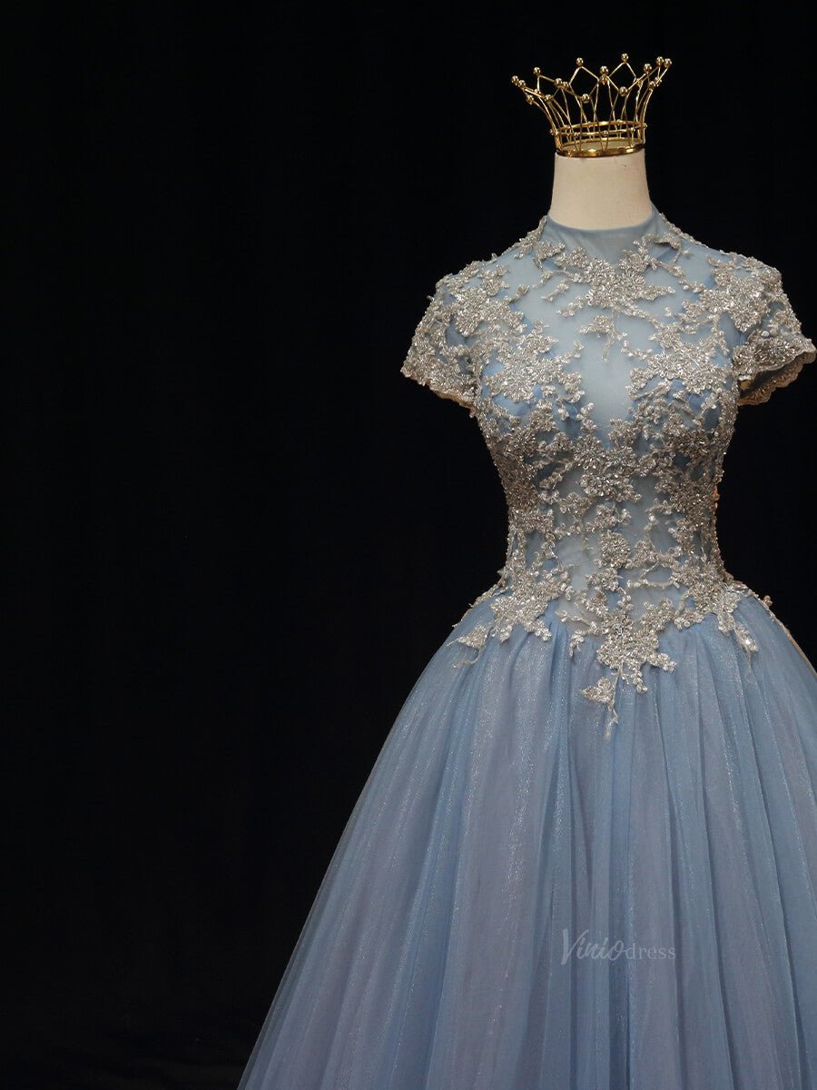 Dusty Blue Tulle Prom Dresses with Lace Bodice, High Neck, Cap Sleeve, Quince Dresses SU013-prom dresses 2025 -Viniodress-Blue-Custom Size-