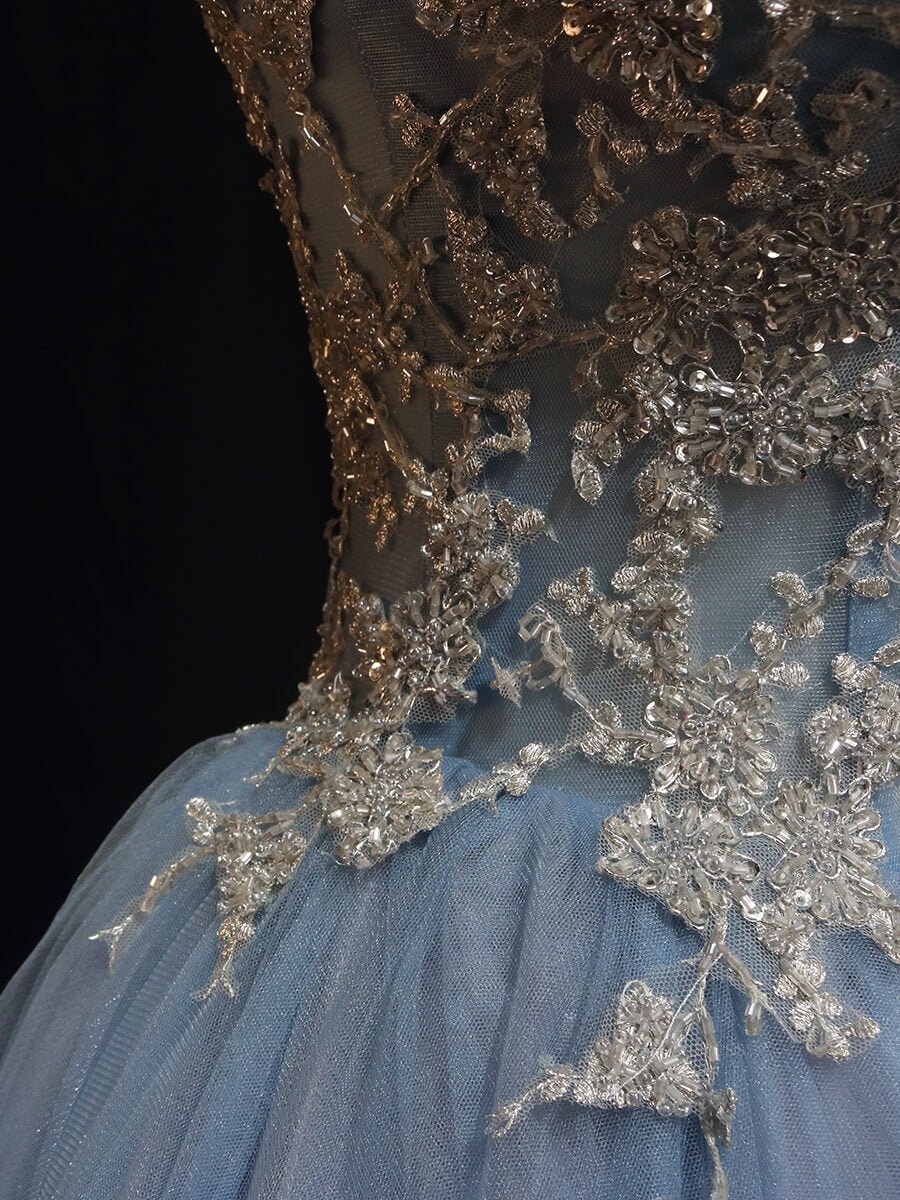 Dusty Blue Tulle Prom Dresses with Lace Bodice, High Neck, Cap Sleeve, Quince Dresses SU013-prom dresses 2025 -Viniodress-Blue-Custom Size-