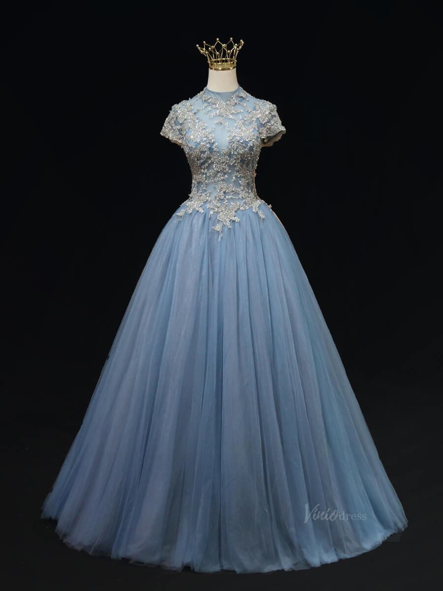 Dusty Blue Tulle Prom Dresses with Lace Bodice, High Neck, Cap Sleeve, Quince Dresses SU013-prom dresses 2025 -Viniodress-Blue-Custom Size-