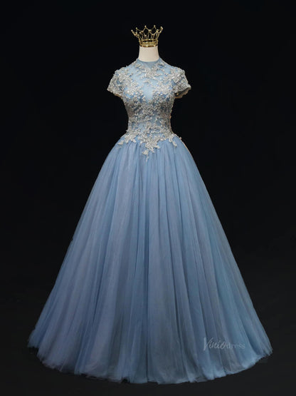 Dusty Blue Tulle Prom Dresses with Lace Bodice, High Neck, Cap Sleeve, Quince Dresses SU013-prom dresses 2025 -Viniodress-Blue-Custom Size-