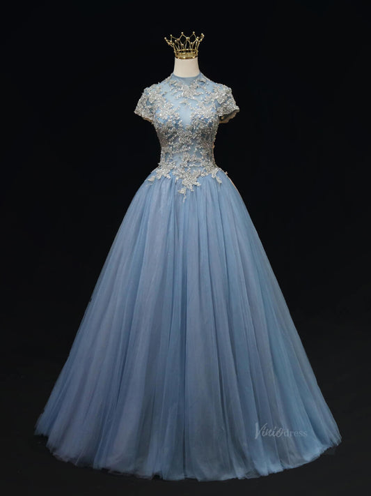 Dusty Blue Tulle Prom Dresses with Lace Bodice, High Neck, Cap Sleeve, Quince Dresses SU013-prom dresses 2025 -Viniodress-Blue-Custom Size-