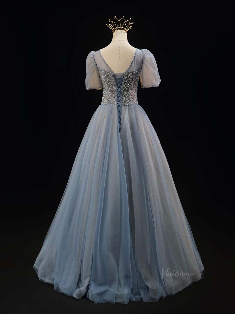Dusty Blue Tulle Prom Dresses with Puffed Sleeve, Beaded Lace, Boat Neck, Quinceanera Dresses SU006-prom dresses 2025 -Viniodress-Blue-Custom Size-