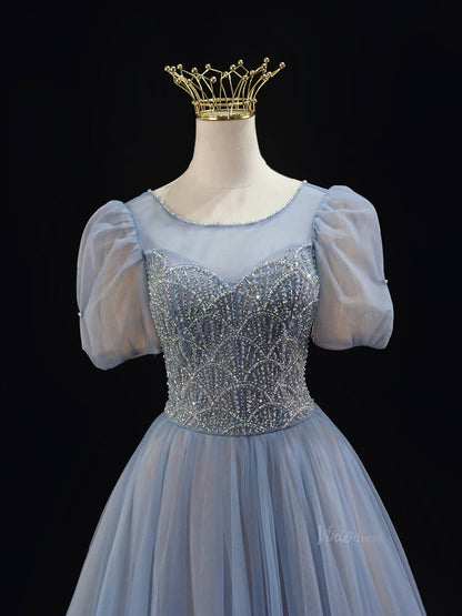 Dusty Blue Tulle Prom Dresses with Puffed Sleeve, Beaded Lace, Boat Neck, Quinceanera Dresses SU006-prom dresses 2025 -Viniodress-Blue-Custom Size-