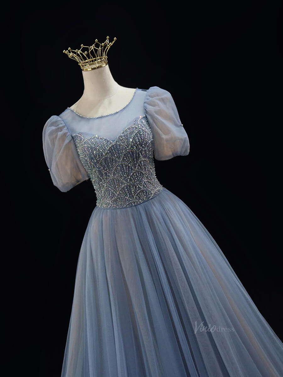 Dusty Blue Tulle Prom Dresses with Puffed Sleeve, Beaded Lace, Boat Neck, Quinceanera Dresses SU006-prom dresses 2025 -Viniodress-Blue-Custom Size-