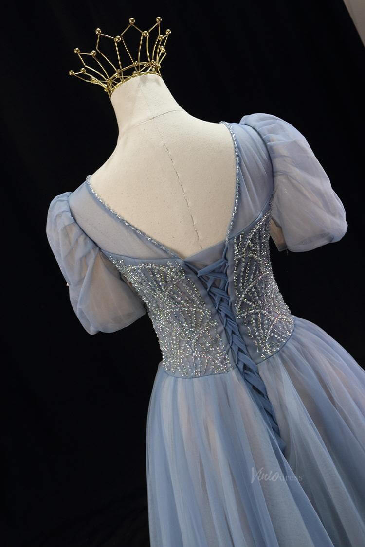 Dusty Blue Tulle Prom Dresses with Puffed Sleeve, Beaded Lace, Boat Neck, Quinceanera Dresses SU006-prom dresses 2025 -Viniodress-Blue-Custom Size-