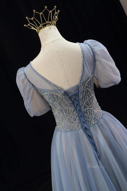 Dusty Blue Tulle Prom Dresses with Puffed Sleeve, Beaded Lace, Boat Neck, Quinceanera Dresses SU006-prom dresses 2025 -Viniodress-Blue-Custom Size-