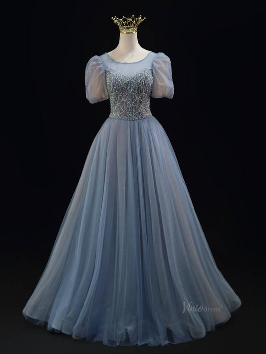 Dusty Blue Tulle Prom Dresses with Puffed Sleeve, Beaded Lace, Boat Neck, Quinceanera Dresses SU006 - Viniodressprom dressesBlueCustom Size - Formal Dresses - Ball Gowns