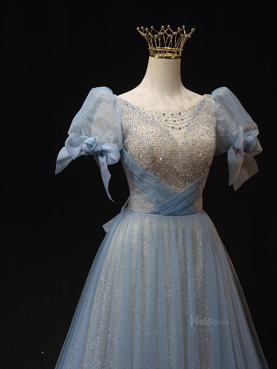 Dusty Blue Tulle Prom Dresses with Puffed Sleeve, Bow, Beaded Quinceanera Dresses SU012-prom dresses 2025 -Viniodress-Blue-Custom Size-