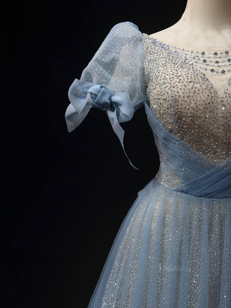 Dusty Blue Tulle Prom Dresses with Puffed Sleeve, Bow, Beaded Quinceanera Dresses SU012-prom dresses 2025 -Viniodress-Blue-Custom Size-
