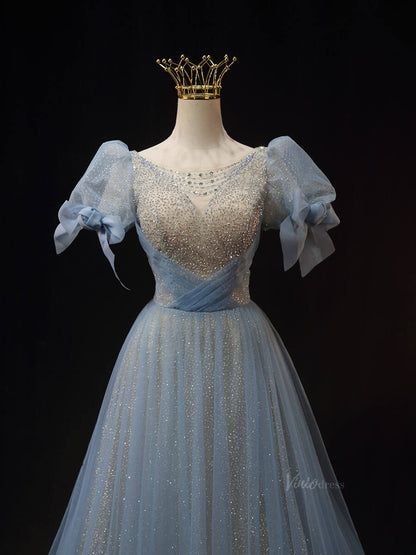 Dusty Blue Tulle Prom Dresses with Puffed Sleeve, Bow, Beaded Quinceanera Dresses SU012-prom dresses 2025 -Viniodress-Blue-Custom Size-