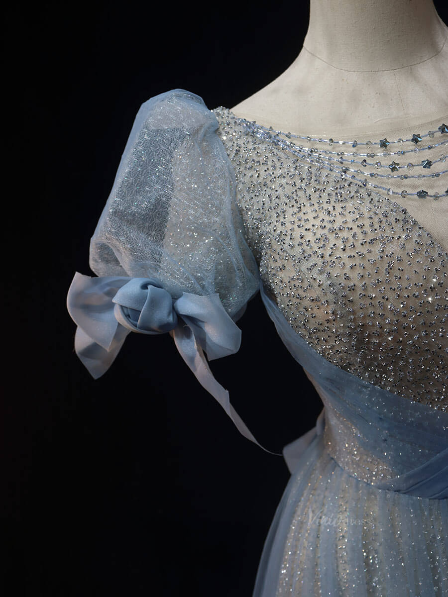 Dusty Blue Tulle Prom Dresses with Puffed Sleeve, Bow, Beaded Quinceanera Dresses SU012-prom dresses 2025 -Viniodress-Blue-Custom Size-