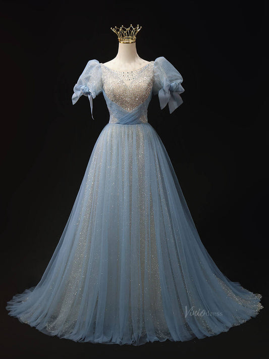 Dusty Blue Tulle Prom Dresses with Puffed Sleeve, Bow, Beaded Quinceanera Dresses SU012-prom dresses 2025 -Viniodress-Blue-Custom Size-