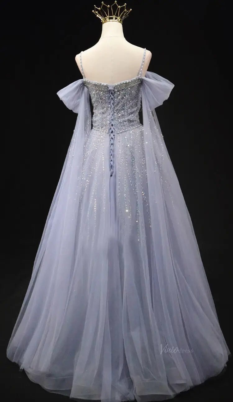 Dusty Blue Tulle Prom Dresses with Spaghetti Strap, Beaded Lace, Quinceanera Dresses SU049-prom dresses 2025 -Viniodress-Blue-Custom Size-